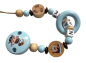 Preview: Schnullerkette mit Wikingermotiven und Holzring in hellblau, natur und dunkelbraun – personalisierbares Babyaccessoire