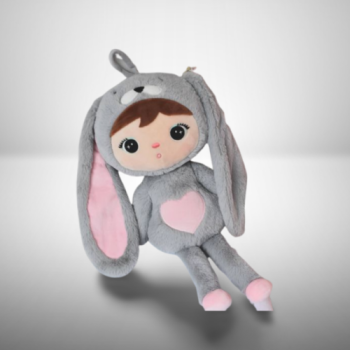 Kuscheliger, personalisierbarer Hase in grau-rosa, 50 cm groß, aus weichem Plüsch, ideal als Geschenk für Babys und Kleinkinder.