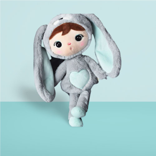Kuscheliger Hase von hinten  in grau/mintgrün von Metoo, ideal für Babys und kleine Kinder, mit personalisierbarem Design und weichem Plüschmaterial.