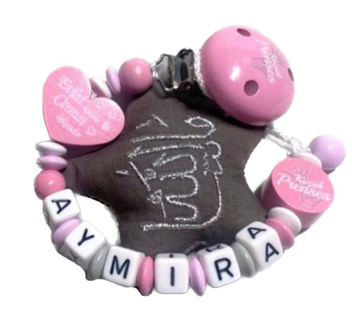 Schnullerkette Mashallah in babyrosa , Stoffstern mashallah in grau und personalisiert mit Namen