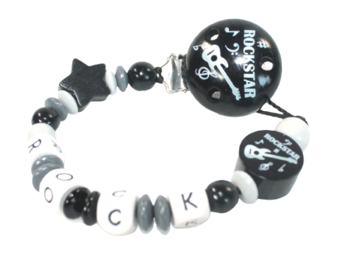 Schnullerkette Rockstar mit Namen schwarz grau