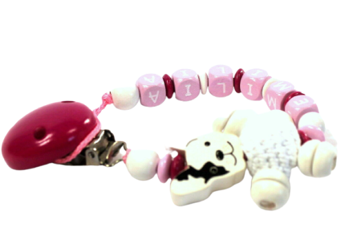 Schnullerkette mit Namen Bulldogge mit Körper in pink weiß rosa