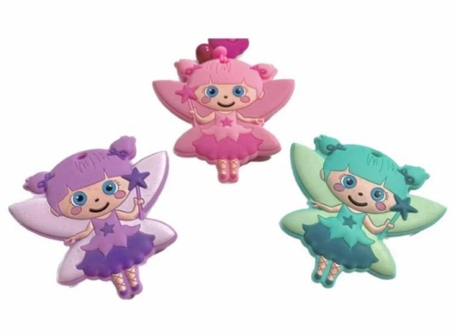 Silikon-Beißring in Form einer Fee in Rosa, Lila und Mint – sanfte Zahnungshilfe für Babys, fördert Motorik und Greifen.