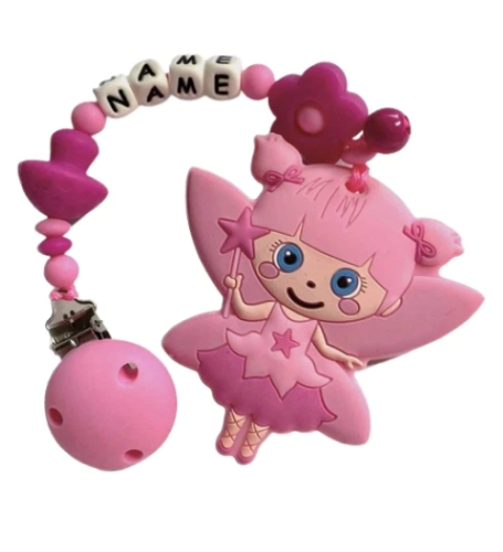 Beißkette mit personalisiertem Namen und Fee-Motiv in Pink für Mädchen – Silikonkette zur Zahnung, fördert Motorik und Hand-Augen-Koordination.