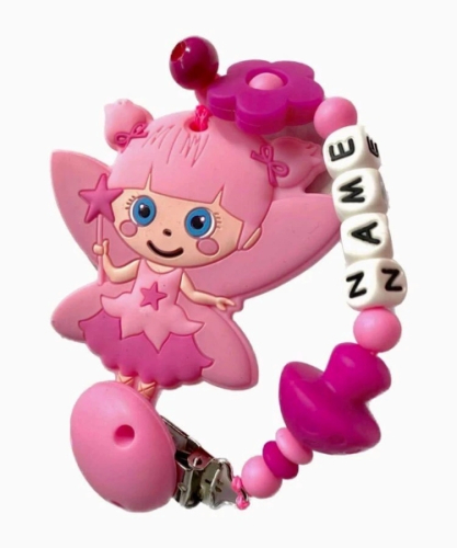 Personalisierte Baby-Beißkette in Rosa mit Fee-Beißring, BPA-frei, lindert Zahnungsschmerzen und macht Spaß beim Greifen und Kauen.