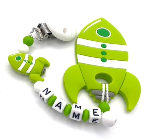 Beißkette für Babys in Grün mit Raketen-Design, Silikon- und Holzperlen, personalisierbar mit Namen, ideal als Zahnungshilfe für Jungen