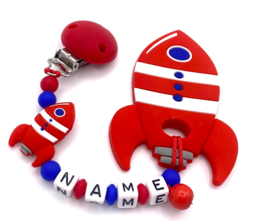 Raketen-Beißkette aus Silikon für Babys, personalisierbar mit Namen, BPA-frei, sicher und praktisch