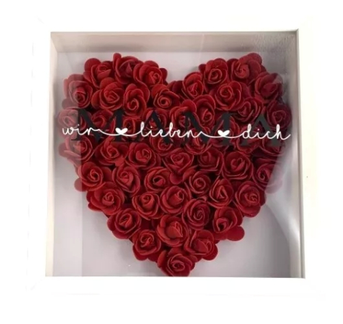 3D Rosenrahmen mit Herzform, personalisiert mit dem Text „Mama, wir lieben dich“, perfektes Muttertagsgeschenk, gefertigt aus hochwertigem Holz und Acrylglas, mit realistischen Kunstrosen im 3D-Design für einen besonderen Effekt.“