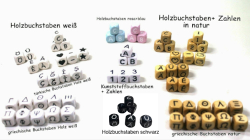 Verschiedene Buchstabenwürfel aus Holz und Kunststoff in Weiß, Natur, Schwarz, Rosa und Blau. Enthält deutsche, türkische und griechische Buchstaben sowie Zahlen und Symbole. Ideal für Schnullerketten und Bastelprojekte.