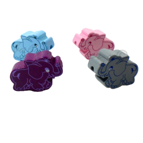 Holzperlen in Elefantenform in verschiedenen Farben: Blau, rosa, Grau und Purpurlila. Ideal zur Gestaltung von Schnullerketten, Greiflingen und anderen Baby-Accessoires.