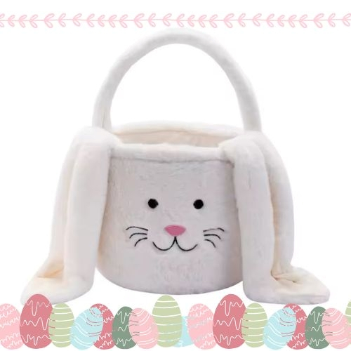 Großer weißer Plüsch-Osterkorb mit Hasenohren und Henkel für Kinder – personalisierbares Osternest