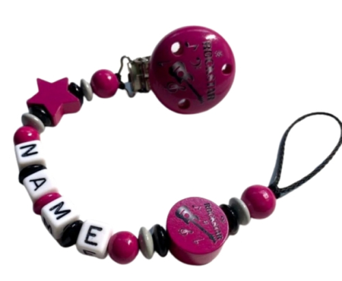 Personalisierte Baby-Schnullerkette in Pink mit Rockstar-Motiv, Name des Kindes auf Holz- oder Silikonperlen