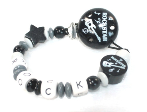 Rockstar Schnullerkette Schwarz-Grau mit individuellem Namen – liebevolles Babygeschenk für Geburt, Taufe oder Babyparty