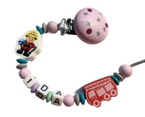 Personalisierte Feuerwehr-Schnullerkette für Mädchen mit Namen, Feuerwehrauto 110 und Feuerwehrmann-Motiv