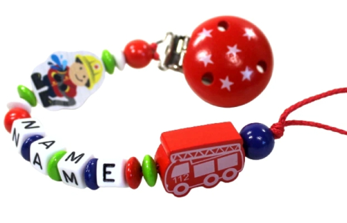 Personalisierte Feuerwehr-Schnullerkette mit Namen, Feuerwehrauto 110 und Feuerwehrmann-Motiv