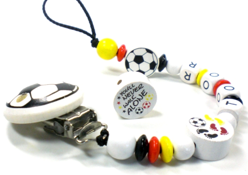 Schnullerkette Fußball in Deutschlandfarben mit personalisiertem Namen, handgefertigt für Babys