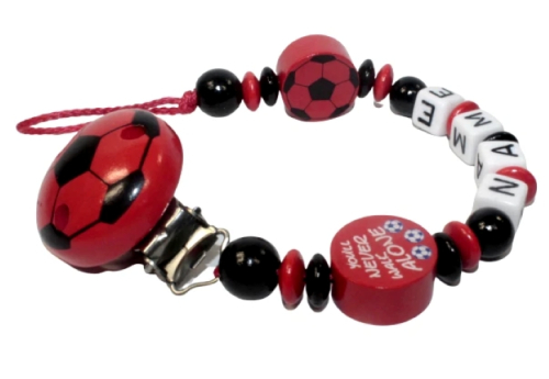 Schnullerkette Fußball rot-schwarz mit personalisiertem Namen