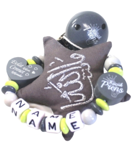 Schnullerkette Mashallah mit grauem Stoffstern, personalisiert mit Namen für Babygeschenk