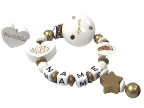 Weiß-goldene MashAllah Schnullerkette mit Clip, handgefertigt und personalisierbar mit Namen für Jungen und Mädchen