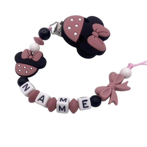 Personalisierte Schnullerkette Maus in Braun aus Silikon- und Holzperlen für Babys, sicher und ideal zum Zahnen