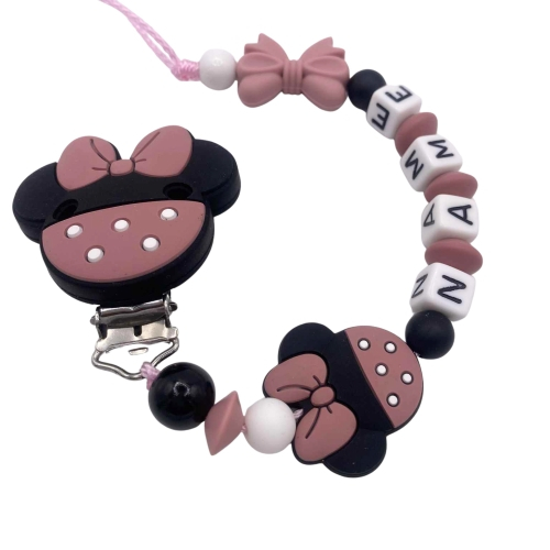 Braune Schnullerkette Maus mit Namen, sichere Baby-Silikon- und Holzperlen, perfektes Geschenk zur Geburt oder Taufe