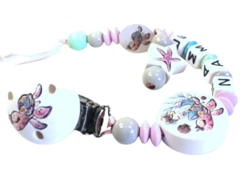 Individuelle Schnullerkette Meeresschildkröte in Pastell, handgefertigt für Mädchen