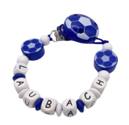 Schnullerkette mit Namen Fußball blau weiß