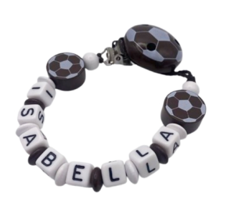 Schnullerkette mit Namen Fussball braun weiß