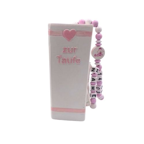 Buch-Spardose zur Taufe in Rosa, verziert mit Taube und Namen des Taufkindes
