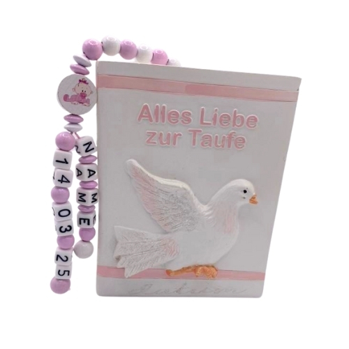 Personalisierte Buch-Spardose zur Taufe für Mädchen mit rosa Design und Taubenmotiv