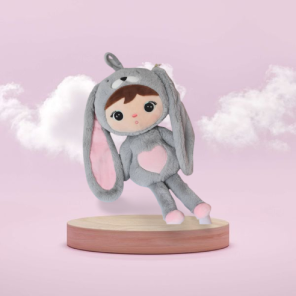 Kuscheliger, personalisierbarer Hase in grau-rosa, 50 cm groß, aus weichem Plüsch, ideal als Geschenk für Babys und Kleinkinder.