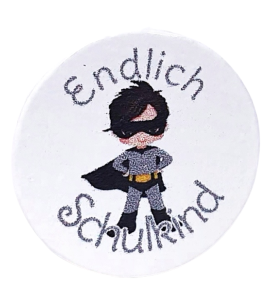 Runde Holzperle mit “Endlich Schulkind” & Superhelden-Motiv – perfektes Accessoire für Rechenketten und Einschulungsgeschenke.