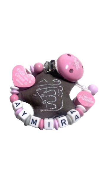 Schnullerkette mit Namen Küçük Prenses Mädchen Mashallah türkisch mit Stoffstern in babyrosa