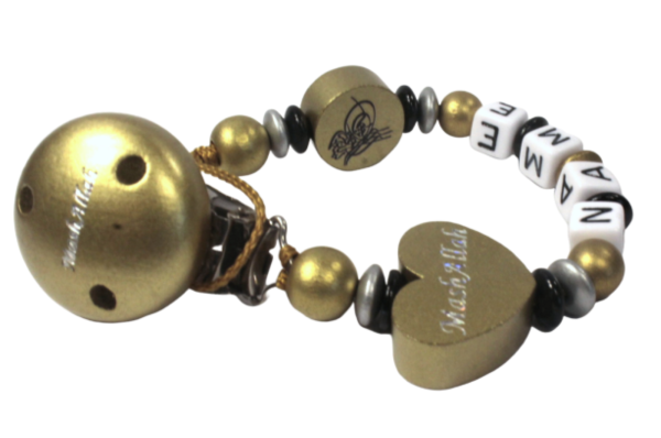 Schnullerkette Basmala und mashallah mit Namen, in gold, silber  und schwarz