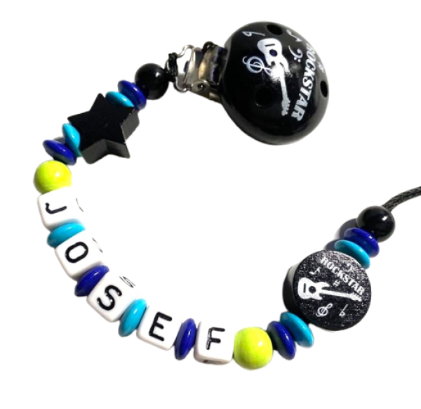 Schnullerkette Rockstar mit Namen schwarz blau