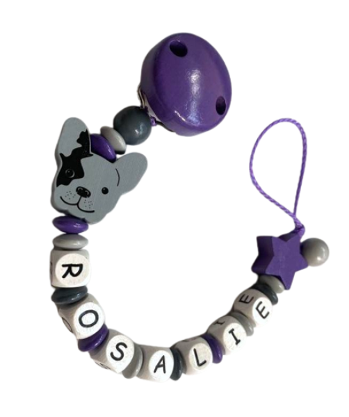 Schnullerkette mit Namen Bulldogge und Stern in rosa grau