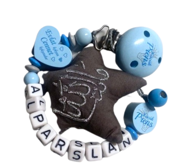 Schnullerkette Mashallah inhellblau, Stoffstern mashallah in grau und personalisiert mit Namen und Kücük Prens Motiv