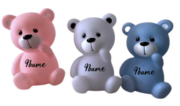 Personalisierte Teddylicht in drei Farben (rosa, weiß, hellblau) mit Namen – Sanftes Nachtlicht für Kinderzimmer