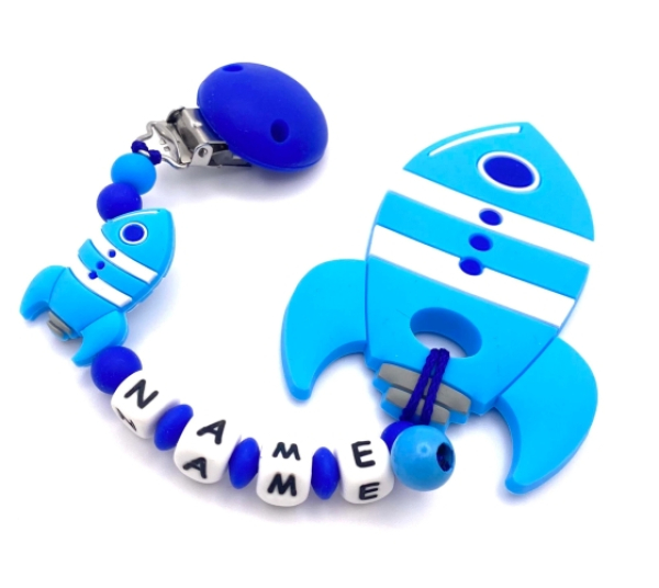 Beißkette Rakete Blau für Babys, personalisierbar mit Namen, Silikonkette zur Zahnungshilfe für Jungen