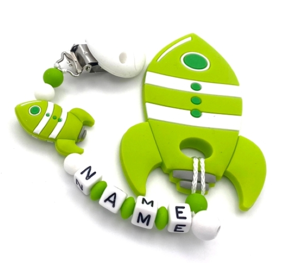 Beißkette für Babys in Grün mit Raketen-Design, Silikon- und Holzperlen, personalisierbar mit Namen, ideal als Zahnungshilfe für Jungen