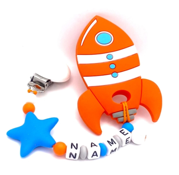 Silikon-Beißkette mit Raketenmotiv für Säuglinge, lindert Zahnungsschmerzen und sorgt für spielerisches Greifen und Kauen.