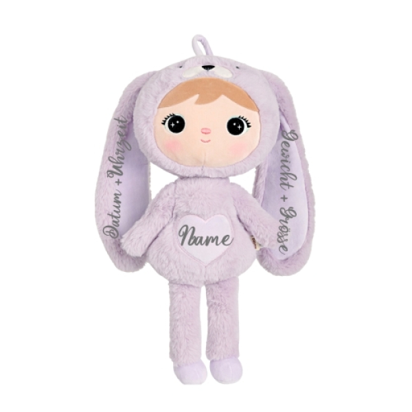 Kuscheliger Hase in Flieder von Metoo, ideal für Babys und kleine Kinder, mit personalisierbarem Design und weichem Plüschmaterial.