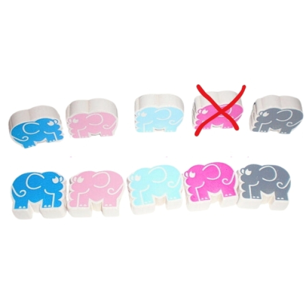 Mehrere bunte Holzperlen in Elefantenform in den Farben Blau, Rosa, Türkis und Grau. Eine oinke Perle ist durchgestrichen. Geeignet für Schnullerketten und Babyaccessoires.