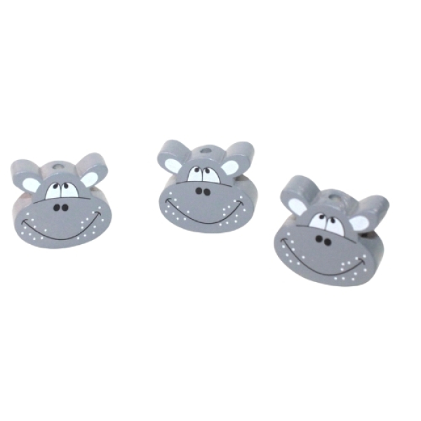Drei graue Holzperlen in Form eines lächelnden Nilpferd-Kopfes mit weißen Akzenten und Punkten. Perfekt für Schnullerketten oder Babyaccessoires.