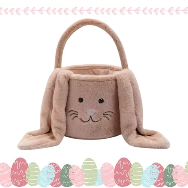 Großer beiger Plüsch-Osterkorb mit Hasenohren und Henkel für Kinder – personalisierbares Osternest