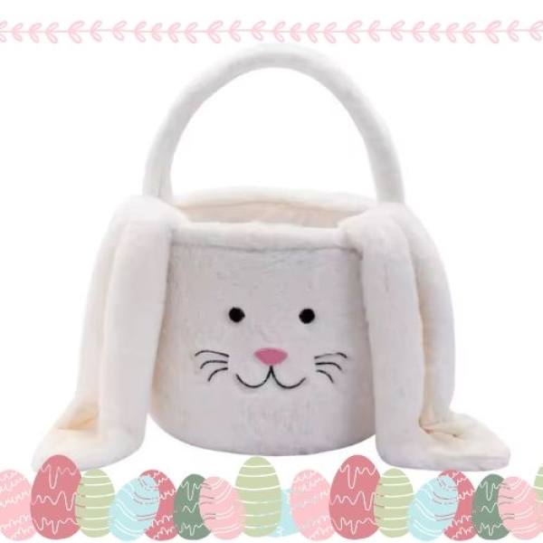 Großer weißer Plüsch-Osterkorb mit Hasenohren und Henkel für Kinder – personalisierbares Osternest