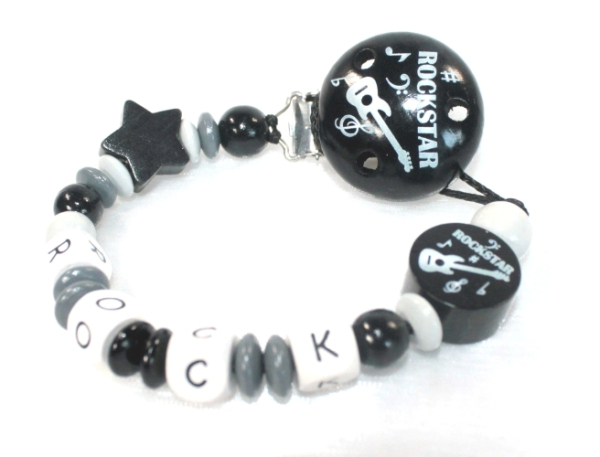 Rockstar Schnullerkette Schwarz-Grau mit individuellem Namen – liebevolles Babygeschenk für Geburt, Taufe oder Babyparty