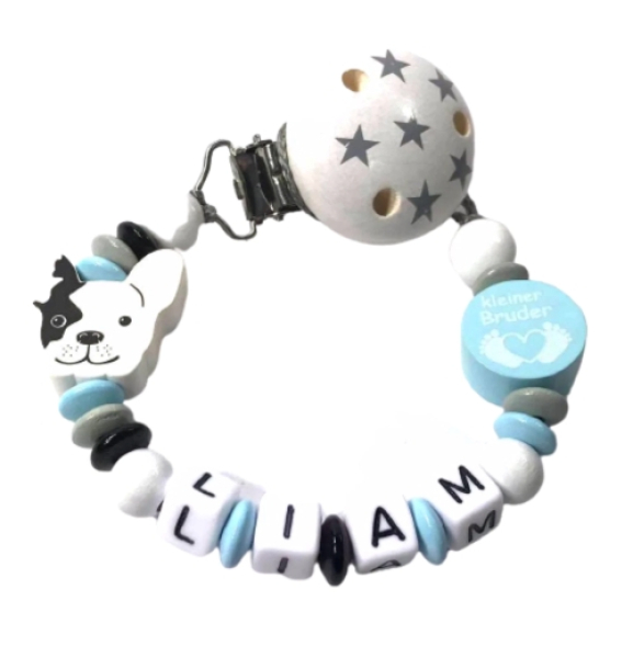 Schnullerkette Bulldogge personalisiert mit Namen für Jungen