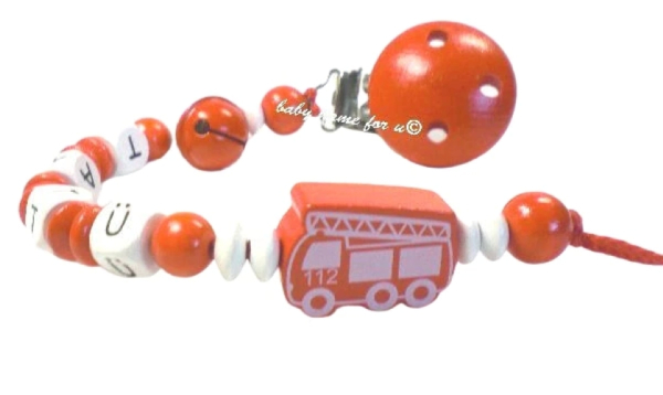 Personalisierte Schnullerkette Feuerwehr mit Namen, Feuerwehrauto, Mini Clip und Glöckchen, handgefertigt für Babys