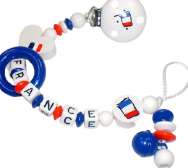 Personalisierte Schnullerkette mit französischer Flagge, Mini Holzring, Glückchen  und individuellem Namen